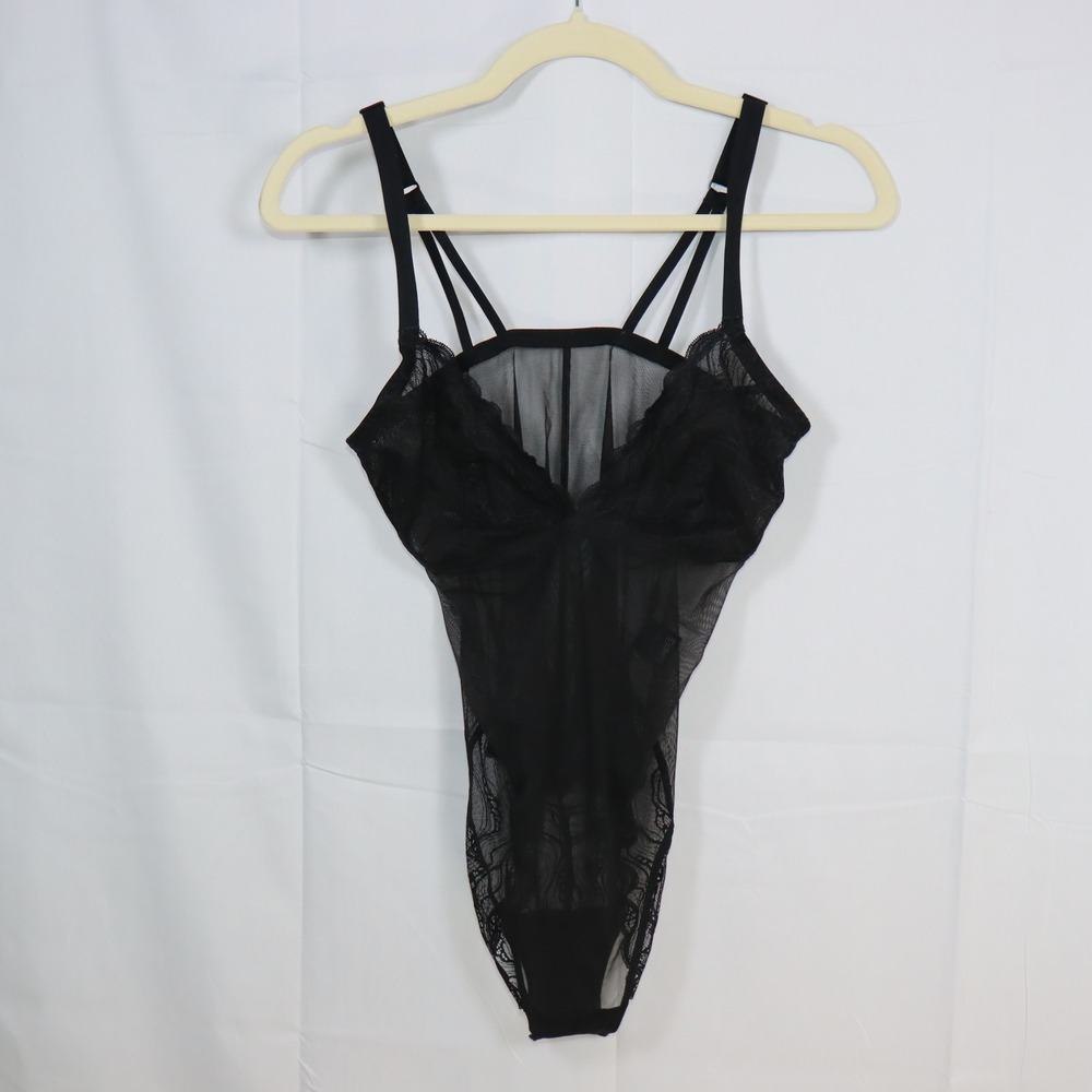 Calvin Klein Sheer Lace Bodysuit L Black Womens‎ Strappy Lingerie Teddy